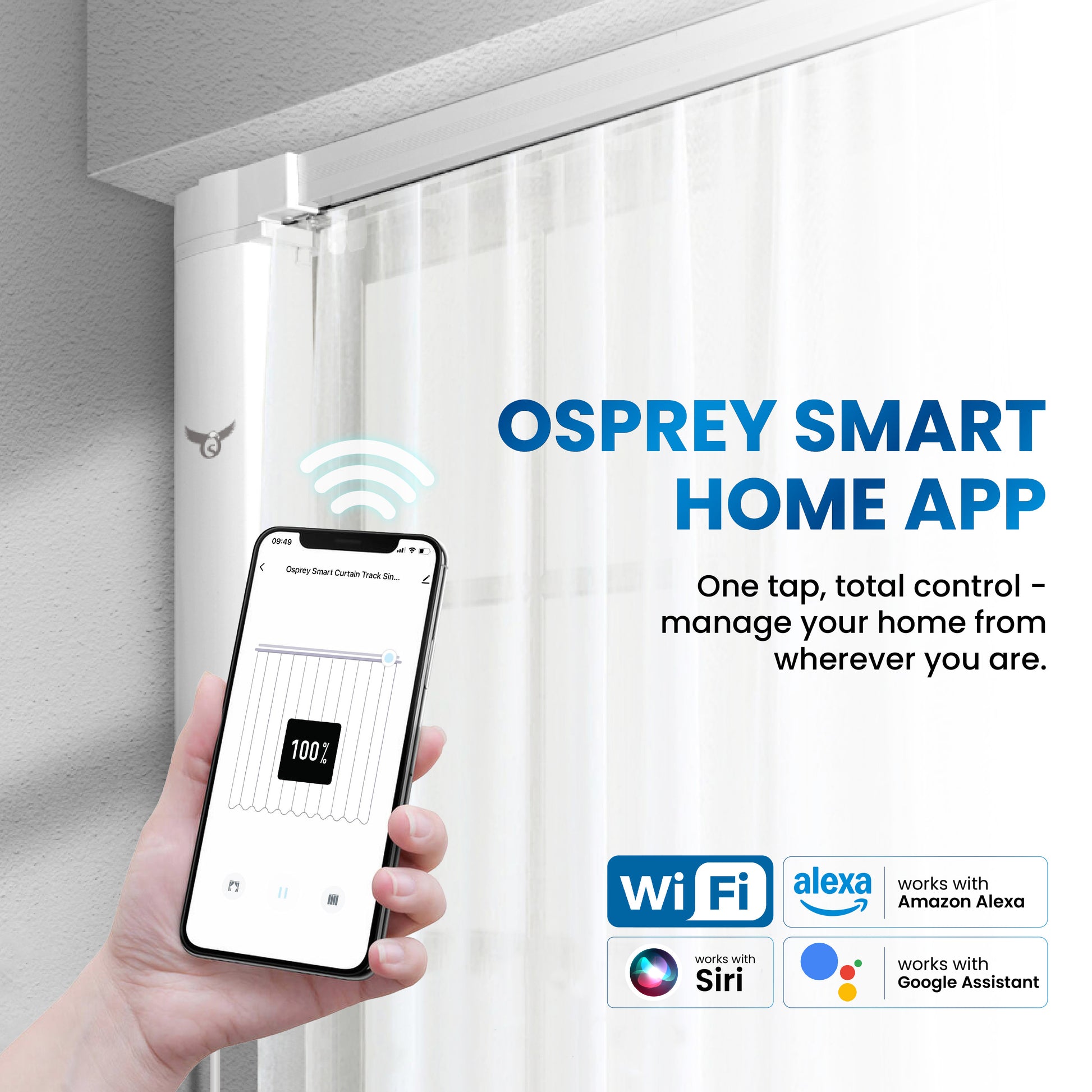 Osprey Smart Curtain Track, 63" Single‑Side Opening Motorized Curtain Rod, Remote Control & Automate App, Heavy-Duty Design, Compatible with Alexa & Google, Ceiling and Wall Mounted, Easy To Install